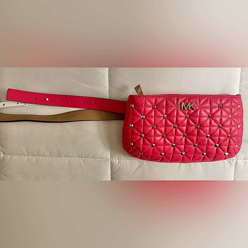 New MICHAEL KORS Pink Studded Gold Logo Size L/XL Belt Bag Fanny Adjustable $98
